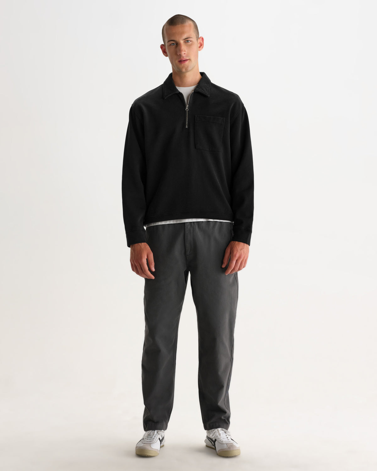 Reeve - Washed Black Loopback Organic Cotton Collared Sweatshirt