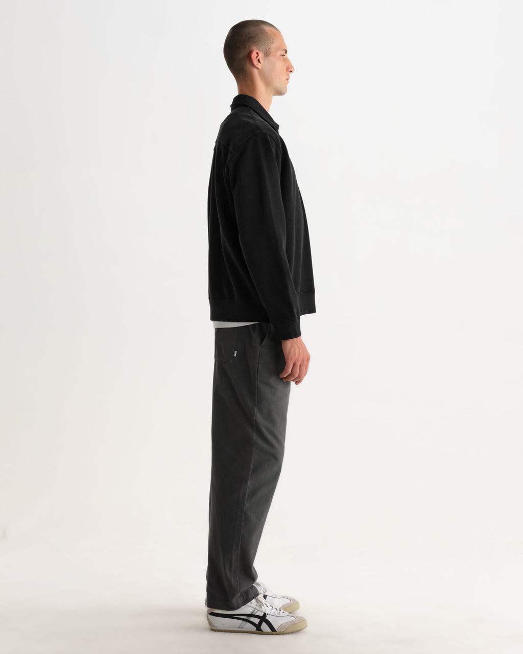 Reeve - Washed Black Loopback Organic Cotton Collared Sweatshirt