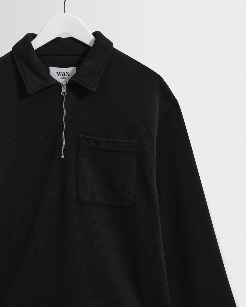 Reeve - Washed Black Loopback Organic Cotton Collared Sweatshirt