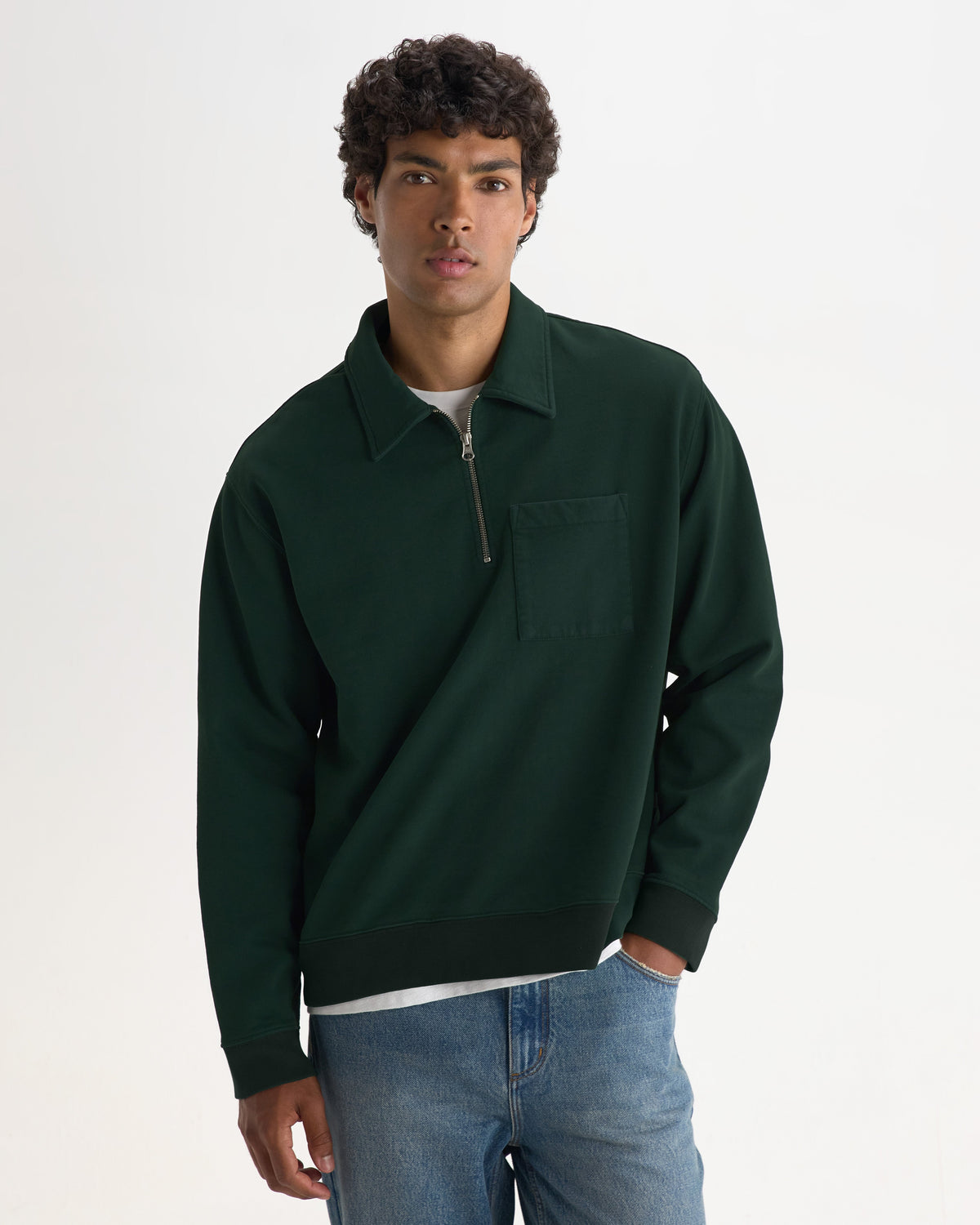 Reeve - Washed Green Loopback Organic Cotton Collared Sweatshirt