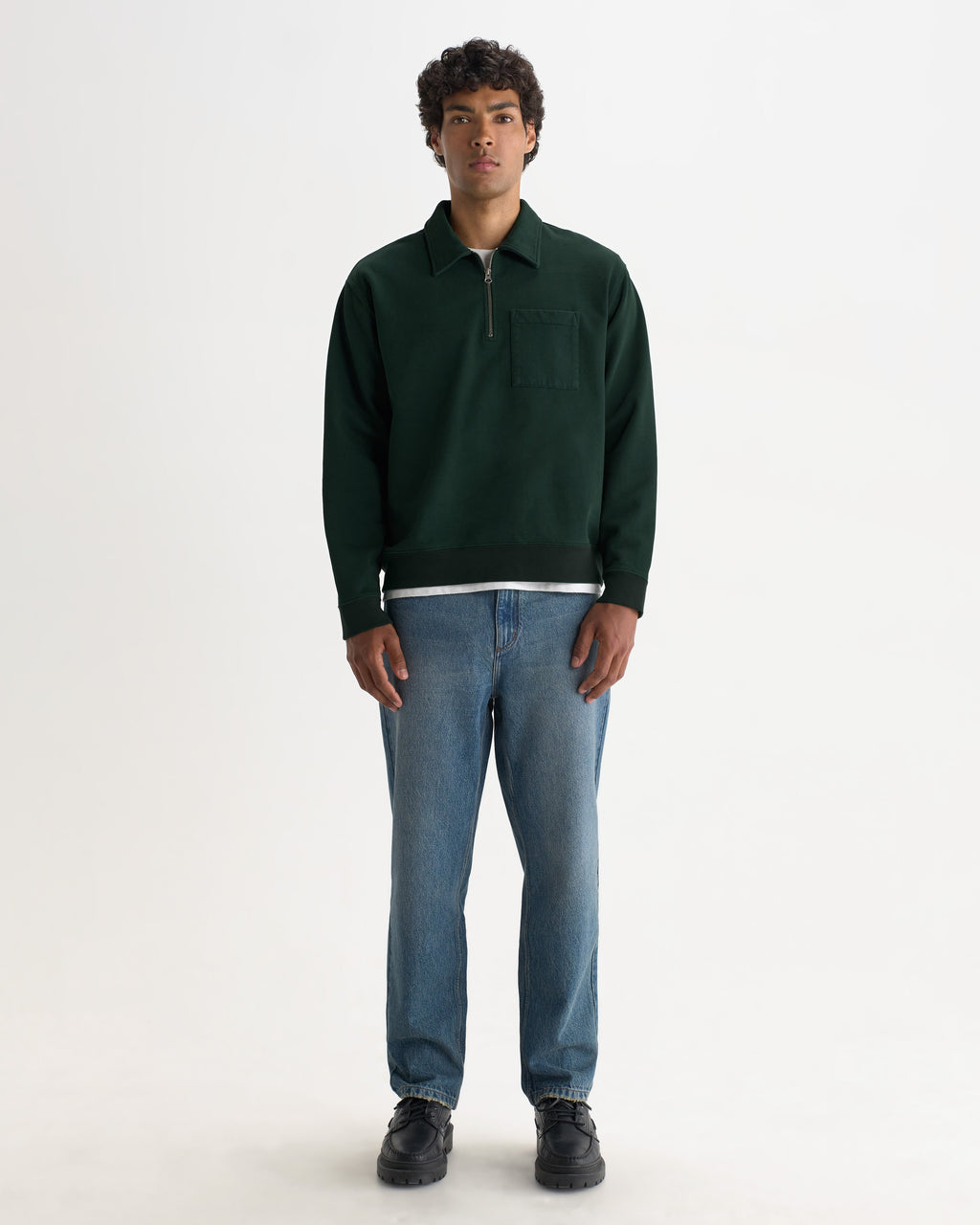 Reeve - Washed Green Loopback Organic Cotton Collared Sweatshirt