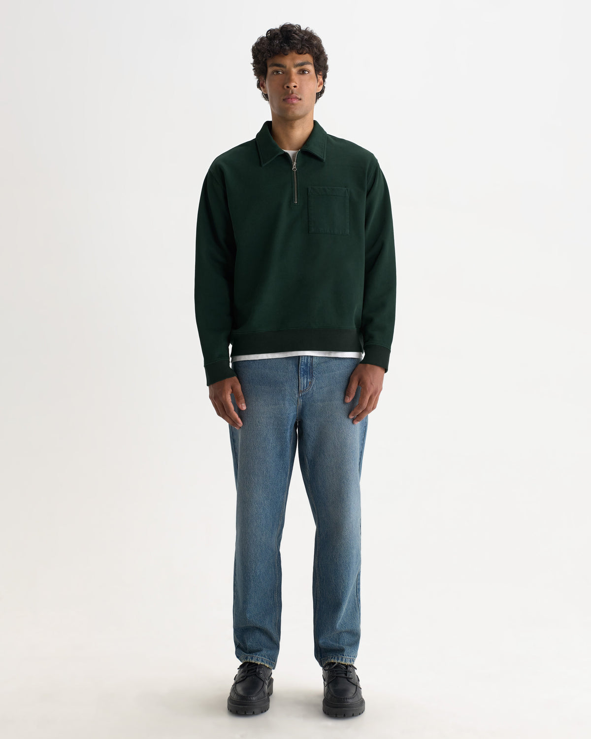 Reeve - Washed Green Loopback Organic Cotton Collared Sweatshirt