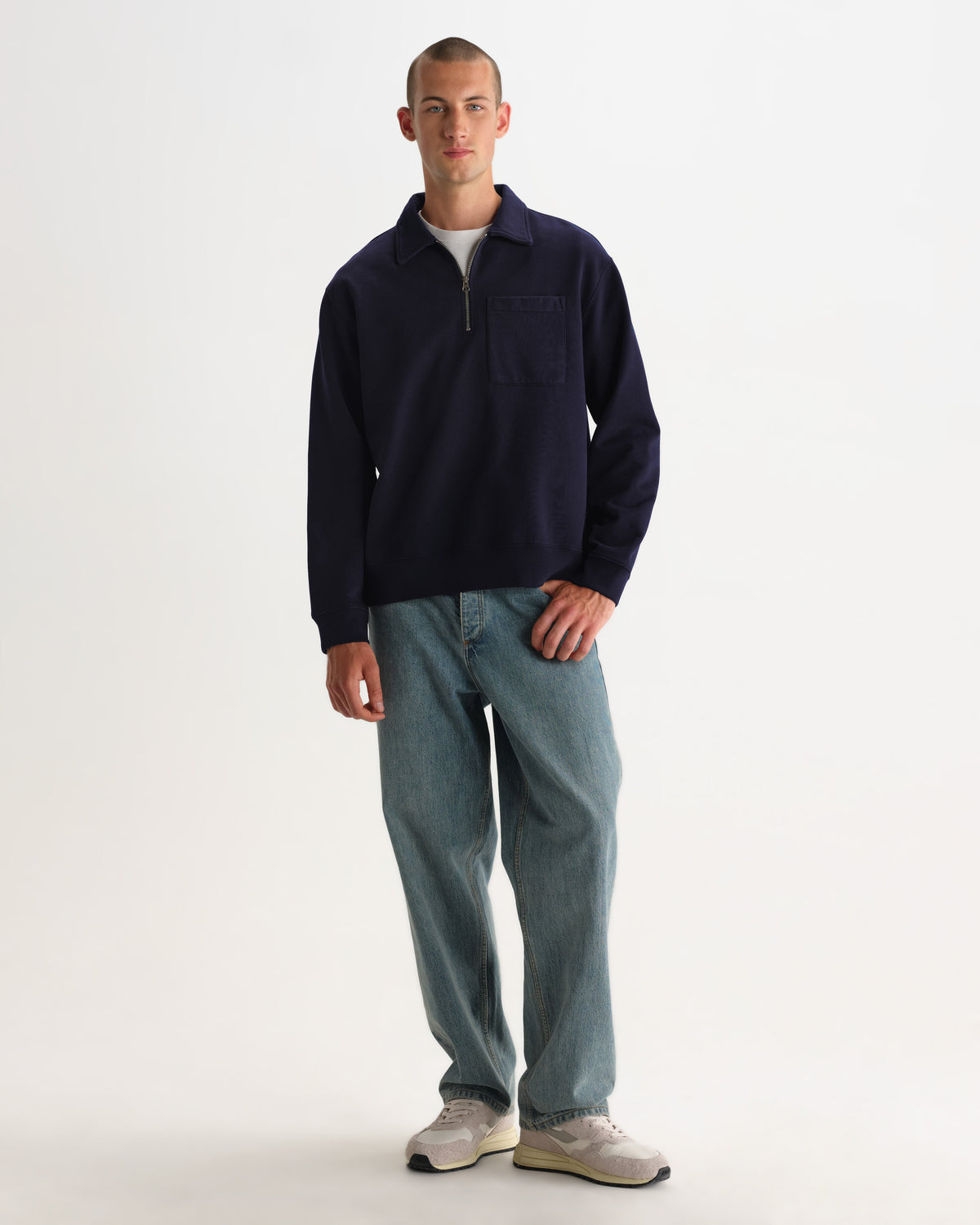Reeve - Washed Navy Loopback Organic Cotton Collared Sweatshirt