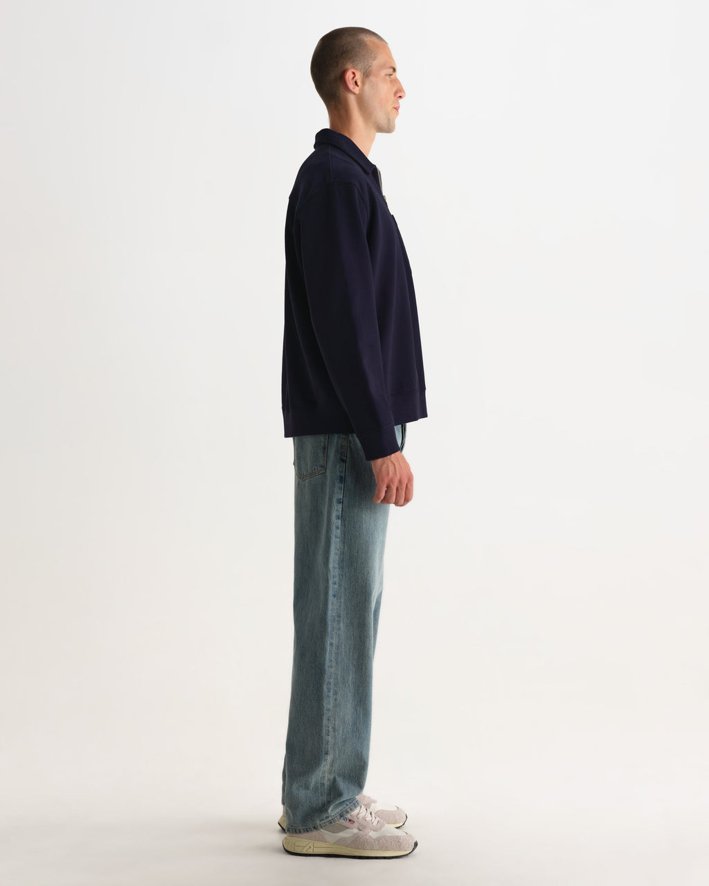 Reeve - Washed Navy Loopback Organic Cotton Collared Sweatshirt