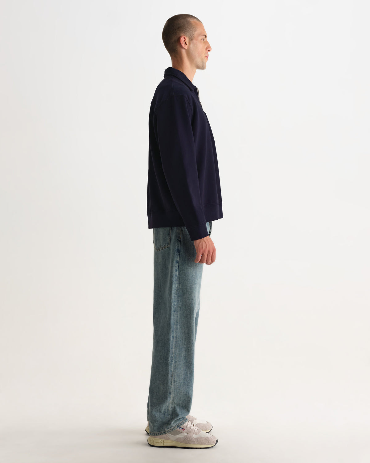 Reeve - Washed Navy Loopback Organic Cotton Collared Sweatshirt