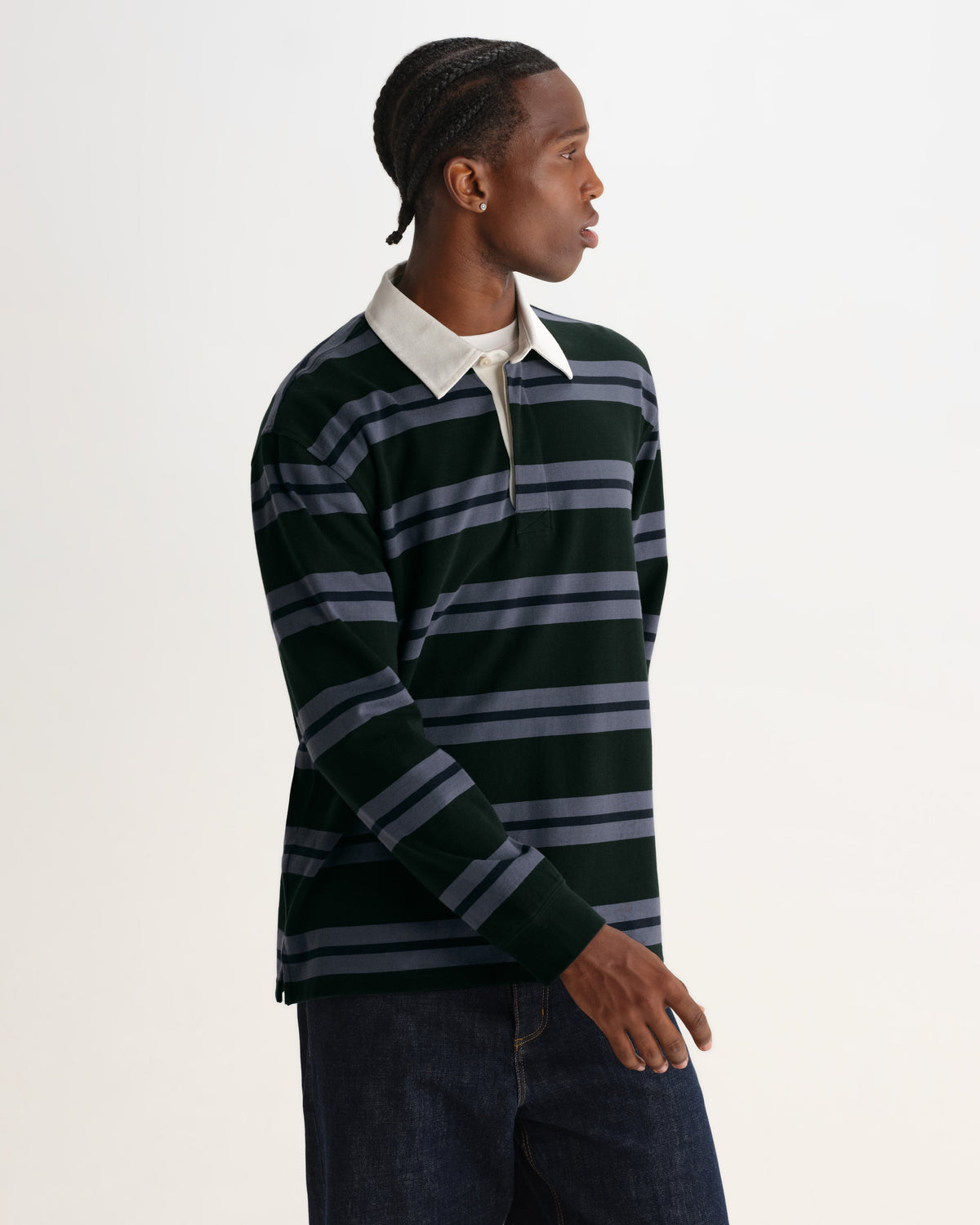 Rowhill - Bottle Green And Blue Mirror Stripe Loopback Rugby Shirt