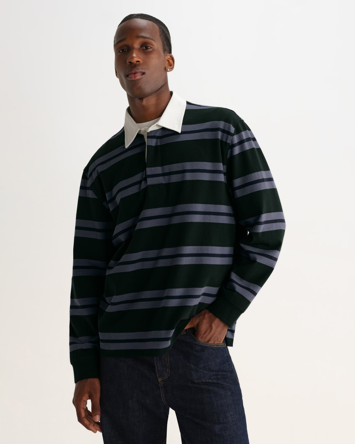 Rowhill - Bottle Green And Blue Mirror Stripe Loopback Rugby Shirt