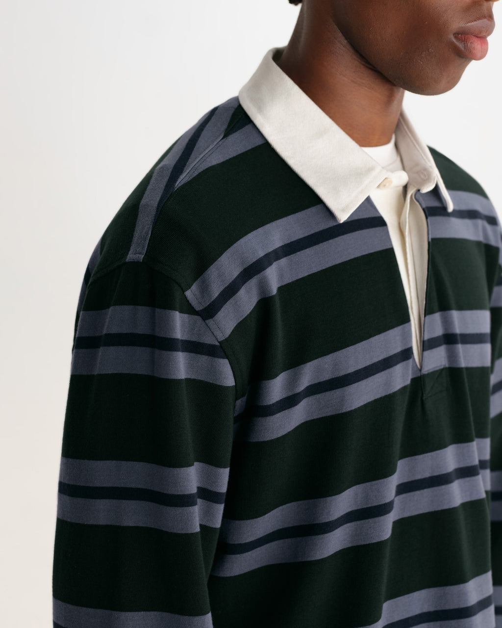 Rowhill - Bottle Green And Blue Mirror Stripe Loopback Rugby Shirt