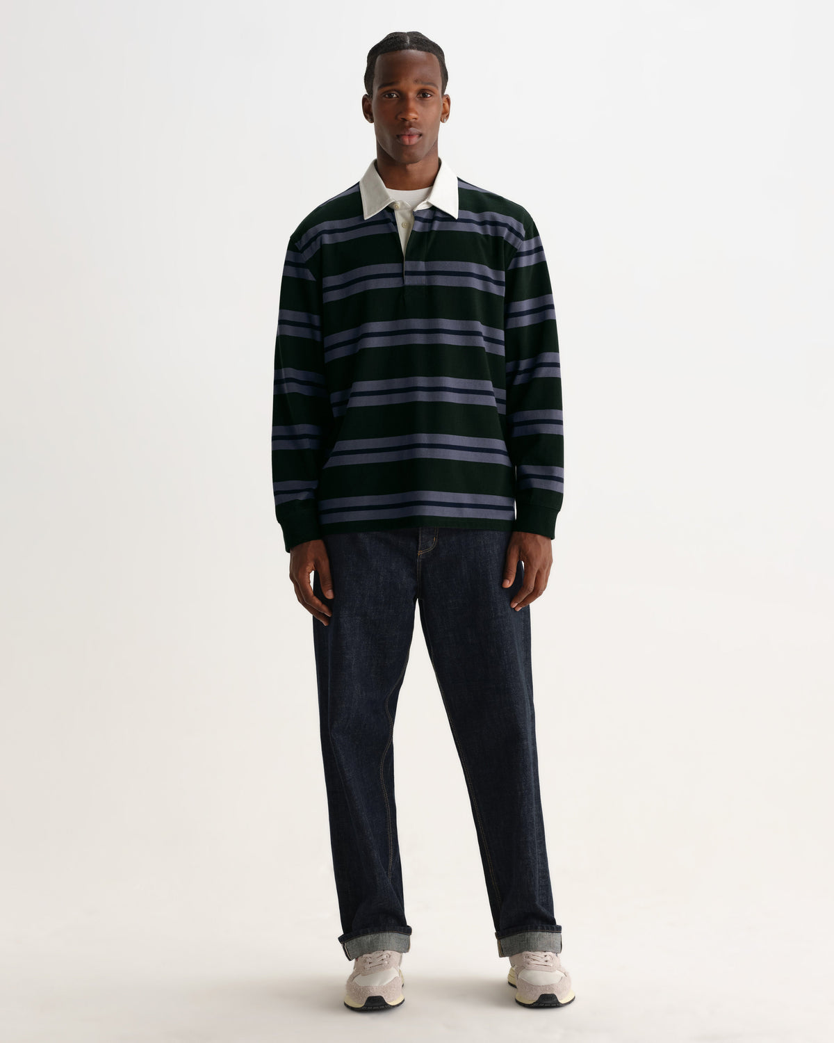 Rowhill - Bottle Green And Blue Mirror Stripe Loopback Rugby Shirt