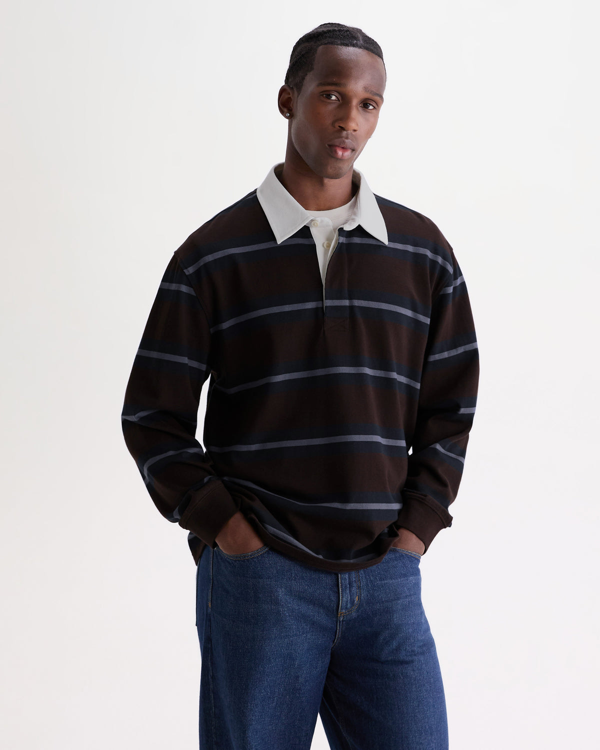 Rowhill - Brown And Blue Mirror Stripe Loopback Rugby Shirt
