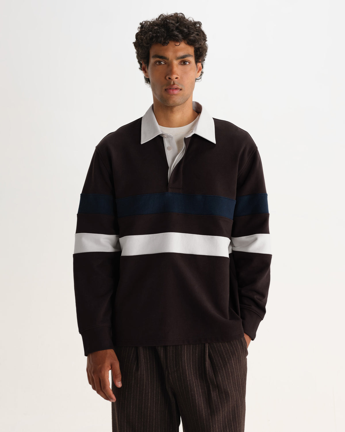 Rowhill - Brown And Navy Stripe Loopback Rugby Shirt
