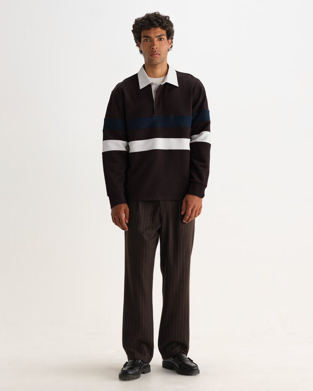 Rowhill - Brown And Navy Stripe Loopback Rugby Shirt