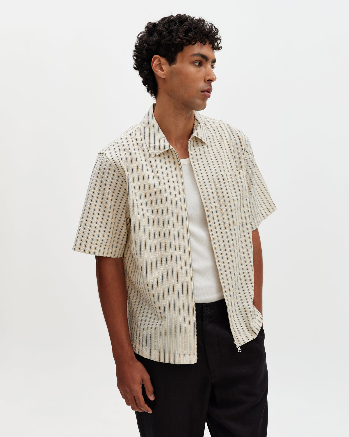 Sears - Natural And Navy Stripe Seersucker Zip Short-Sleeve Shirt