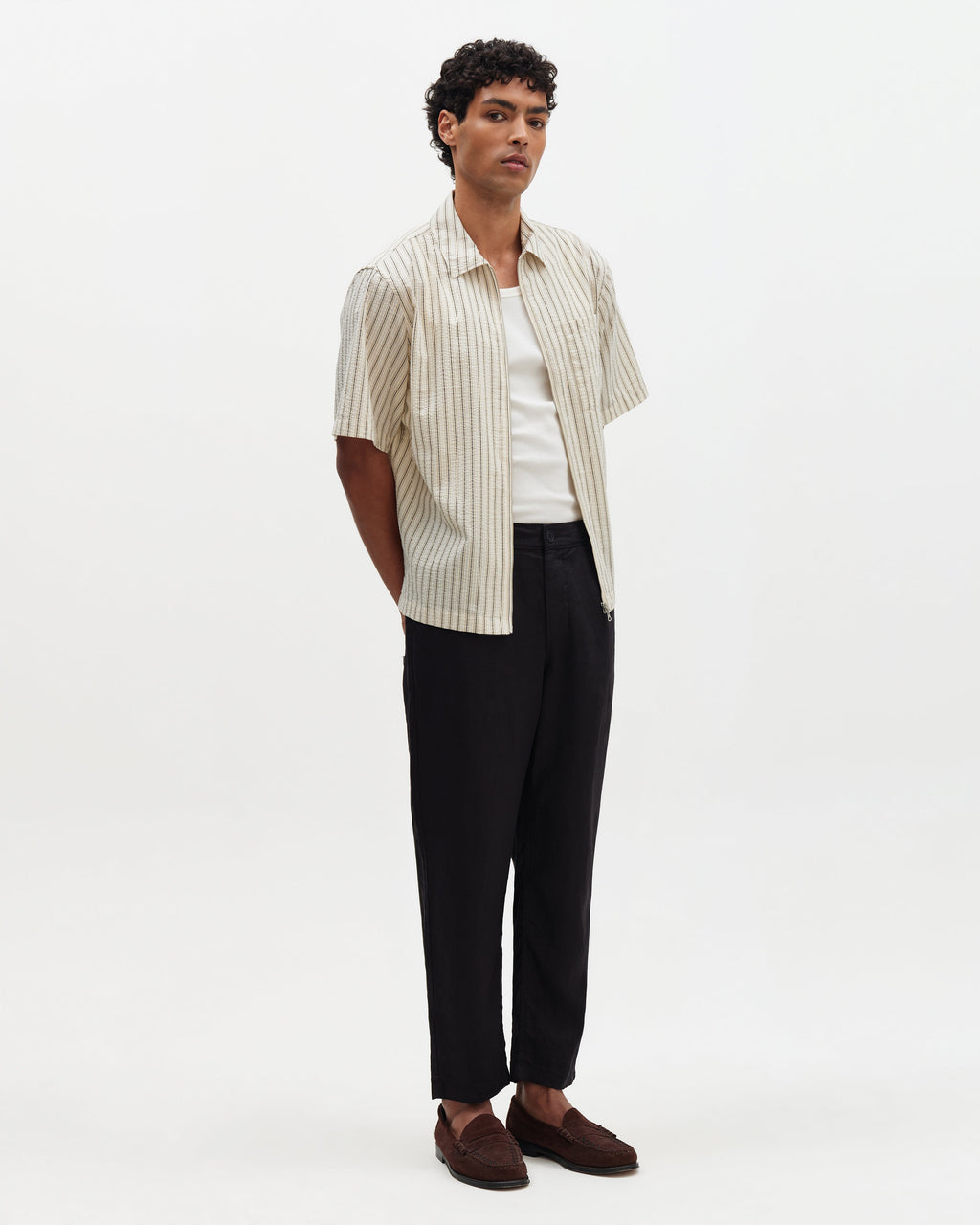 Sears - Natural And Navy Stripe Seersucker Zip Short-Sleeve Shirt