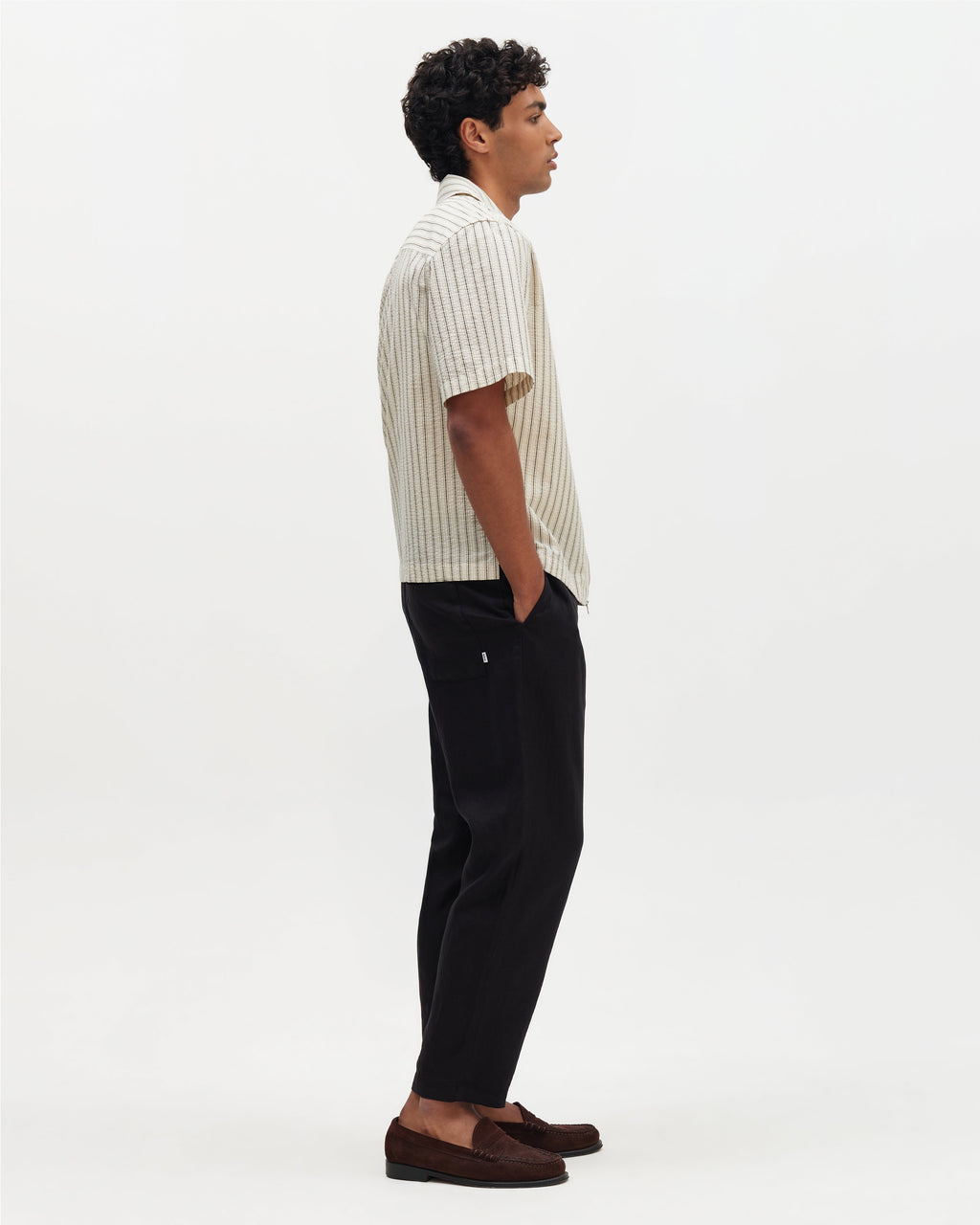 Sears - Natural And Navy Stripe Seersucker Zip Short-Sleeve Shirt