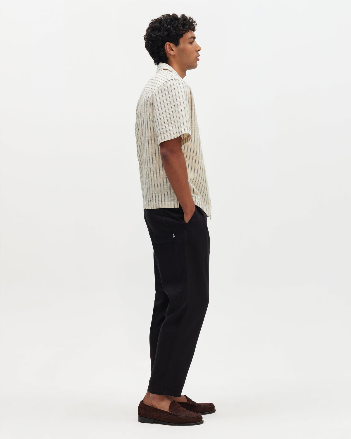 Sears - Natural And Navy Stripe Seersucker Zip Short-Sleeve Shirt