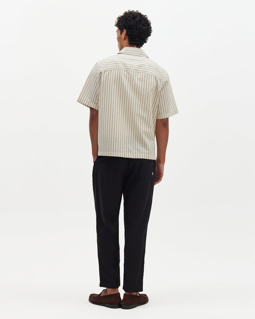 Sears - Natural And Navy Stripe Seersucker Zip Short-Sleeve Shirt