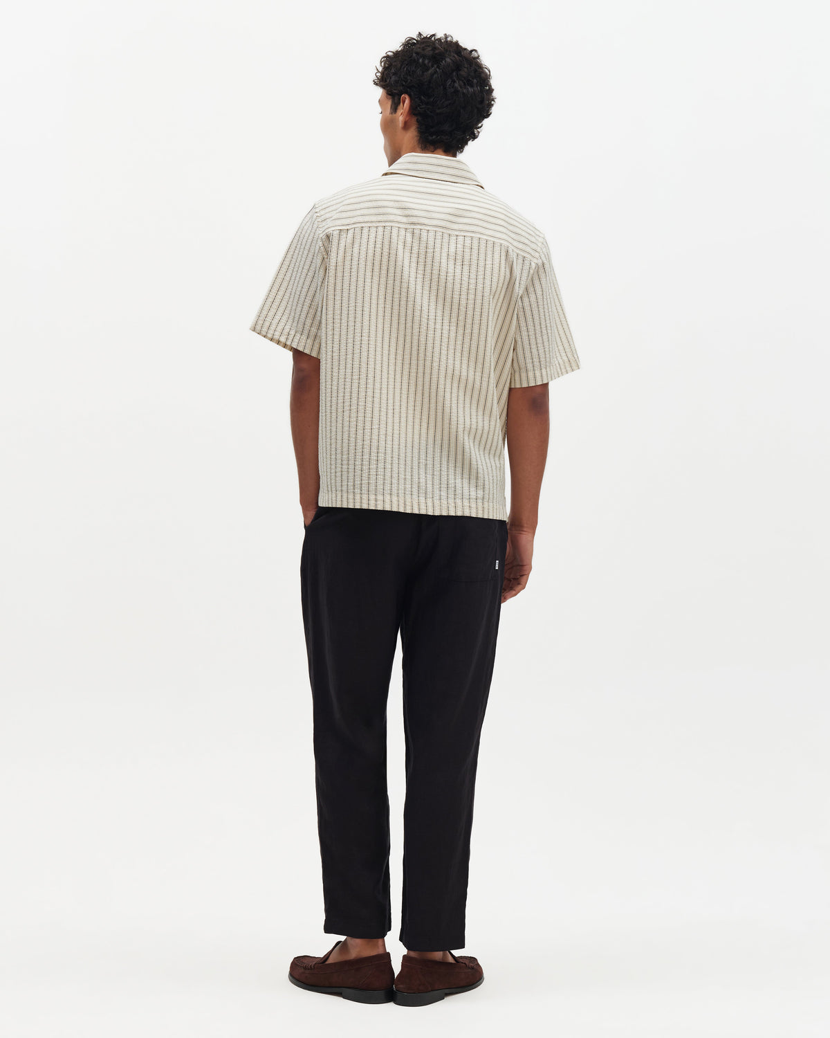 Sears - Natural And Navy Stripe Seersucker Zip Short-Sleeve Shirt
