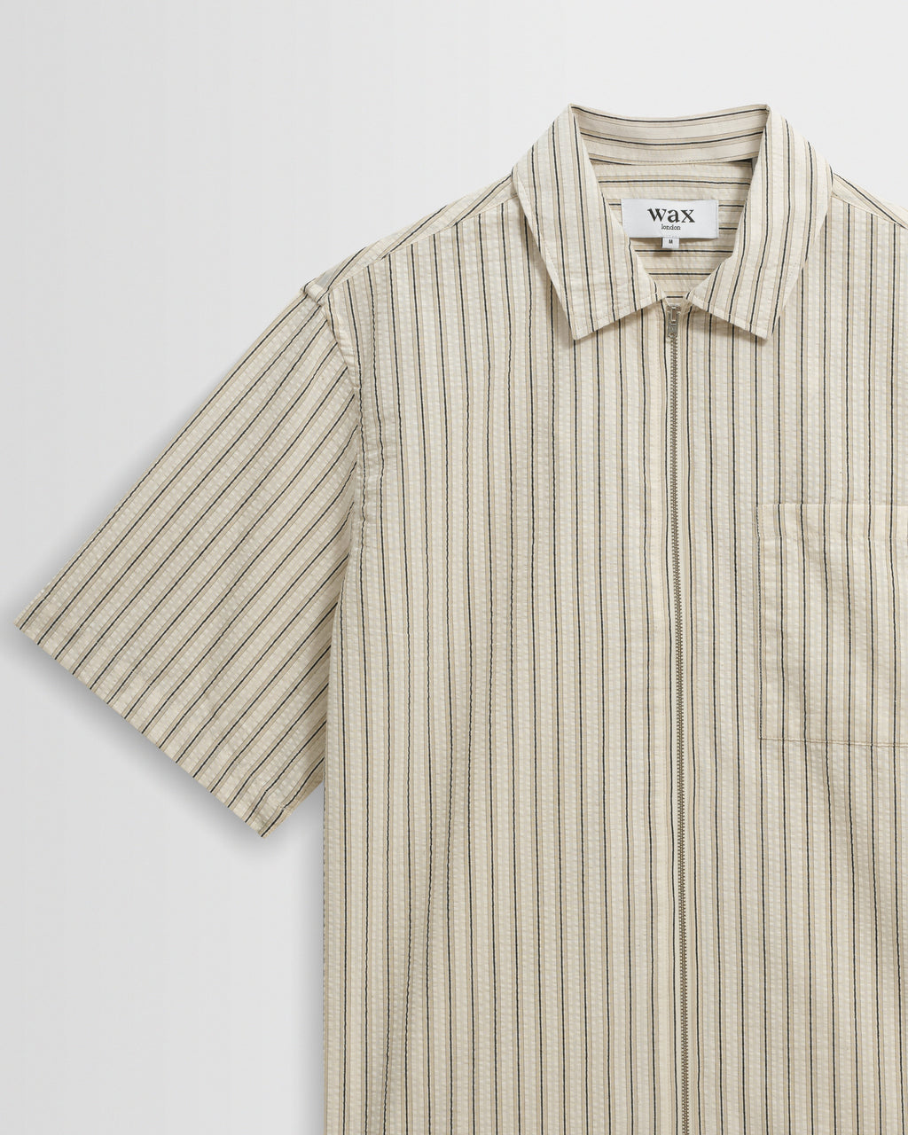 Sears - Natural And Navy Stripe Seersucker Zip Short-Sleeve Shirt