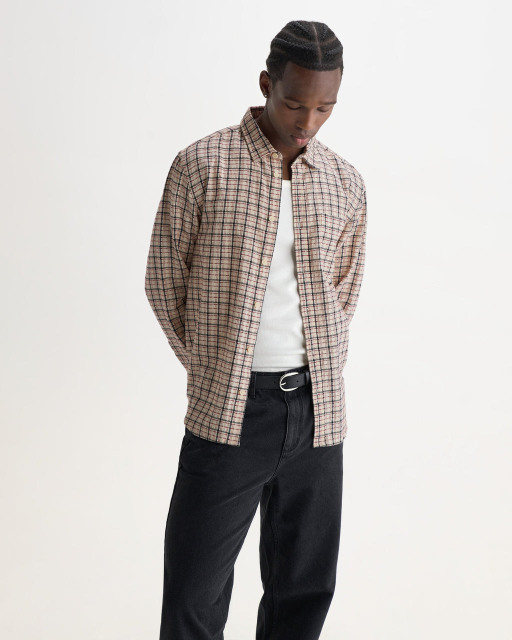 Shelly - Ecru And Red Check Dobby Cotton Shirt
