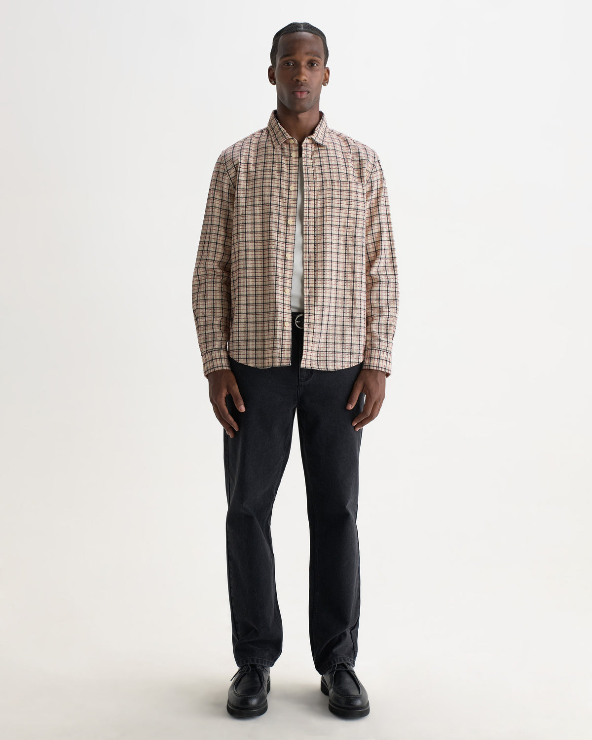 Shelly - Ecru And Red Check Dobby Cotton Shirt
