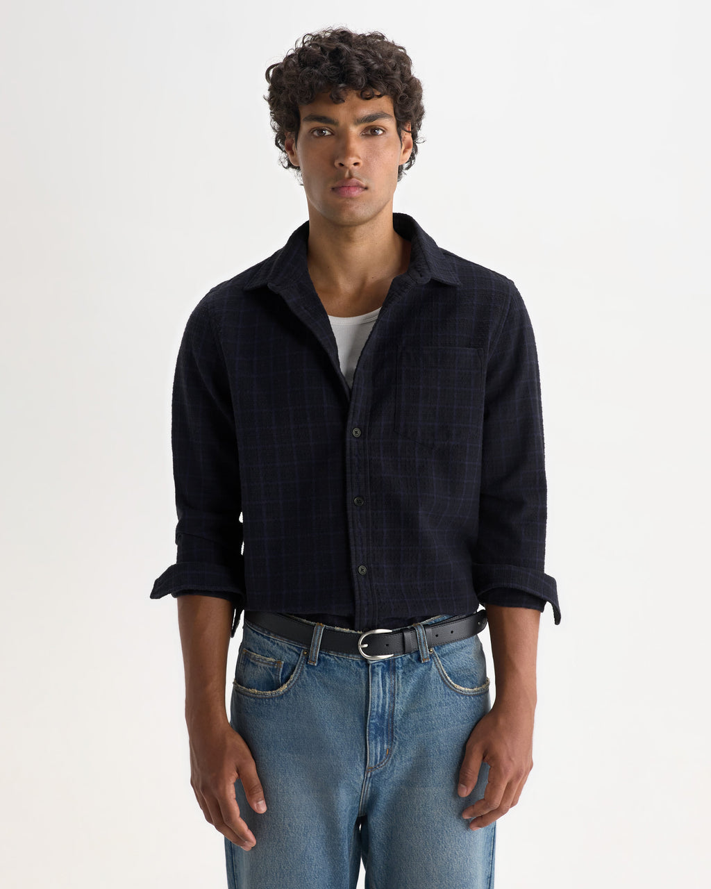 Shelly - Navy And Black Check Dobby Cotton Shirt