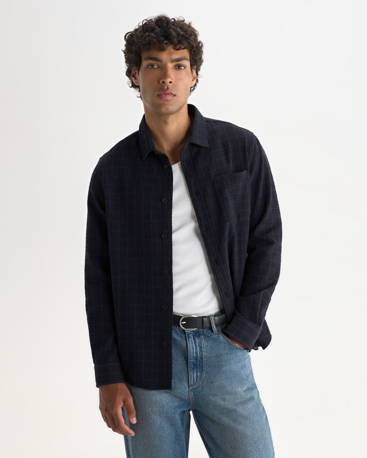 Shelly - Navy And Black Check Dobby Cotton Shirt