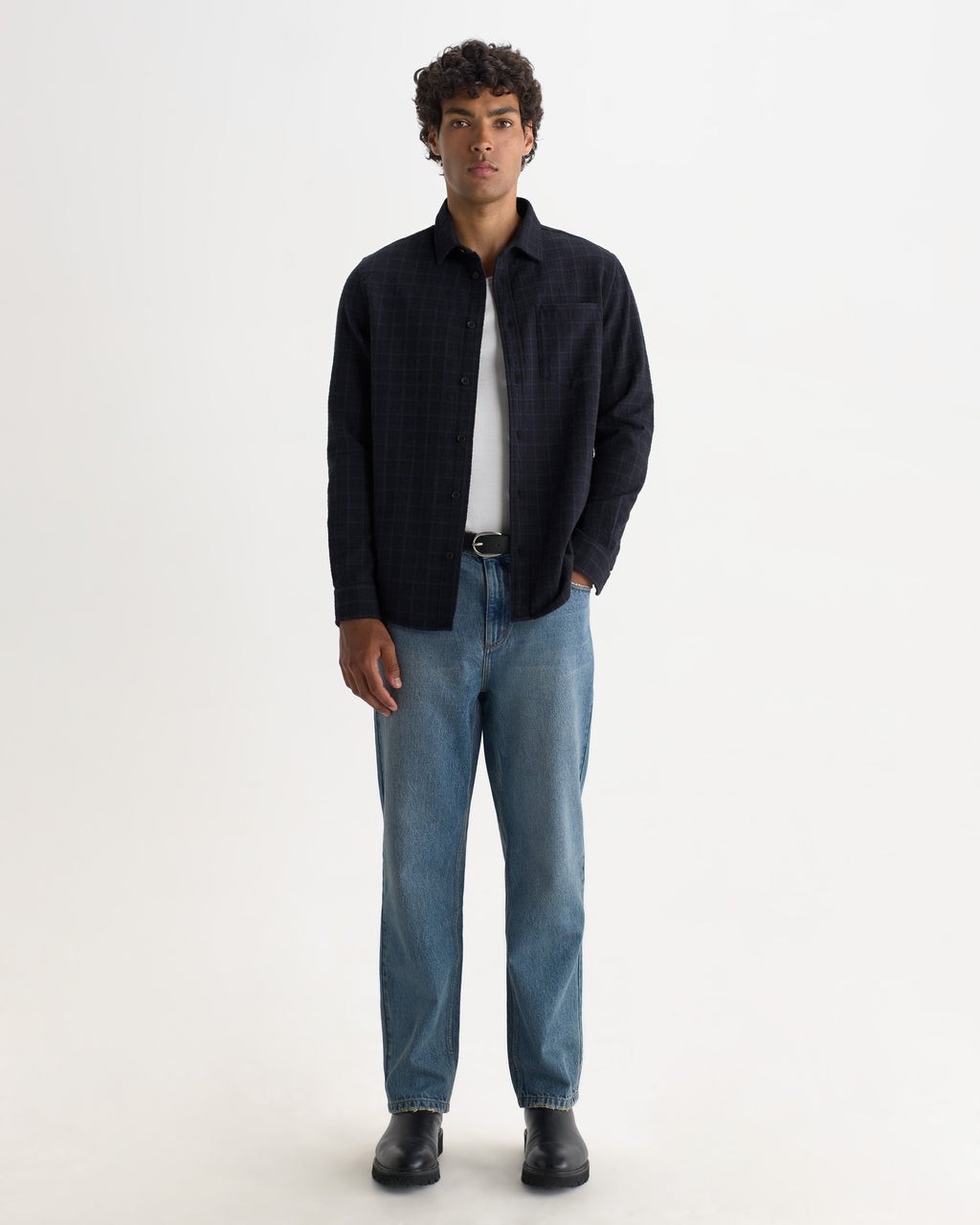 Shelly - Navy And Black Check Dobby Cotton Shirt