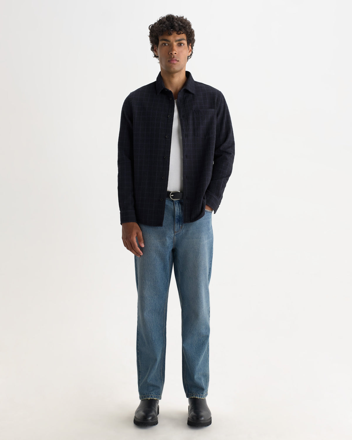 Shelly - Navy And Black Check Dobby Cotton Shirt