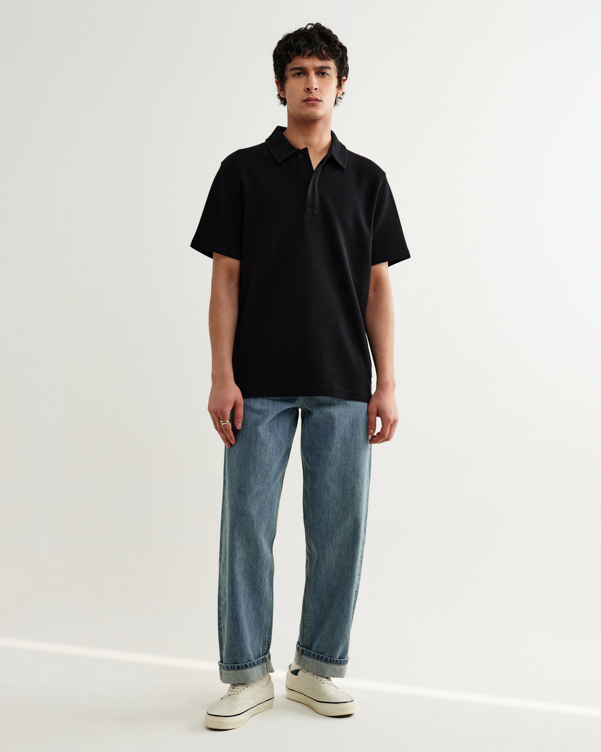 Shore - Black Textured Short-Sleeve Polo Shirt