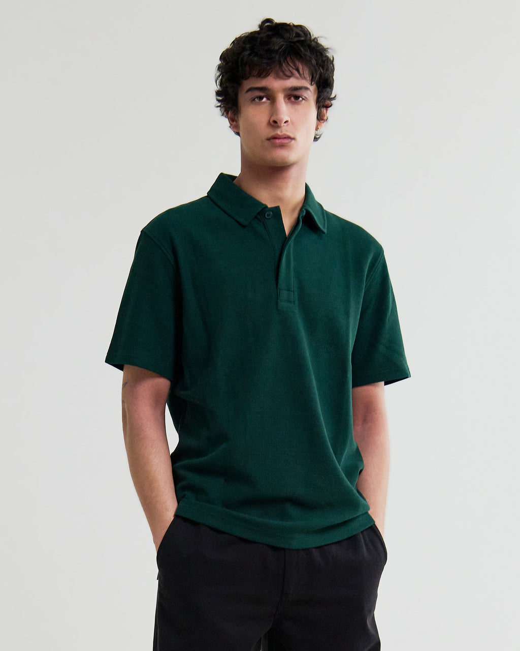 Shore - Bottle Green Textured Short-Sleeve Polo Shirt