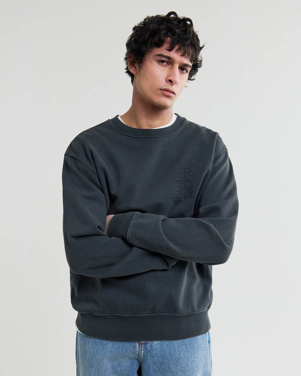 Sidney - Washed Black Embroidered Loopback Cotton Sweatshirt