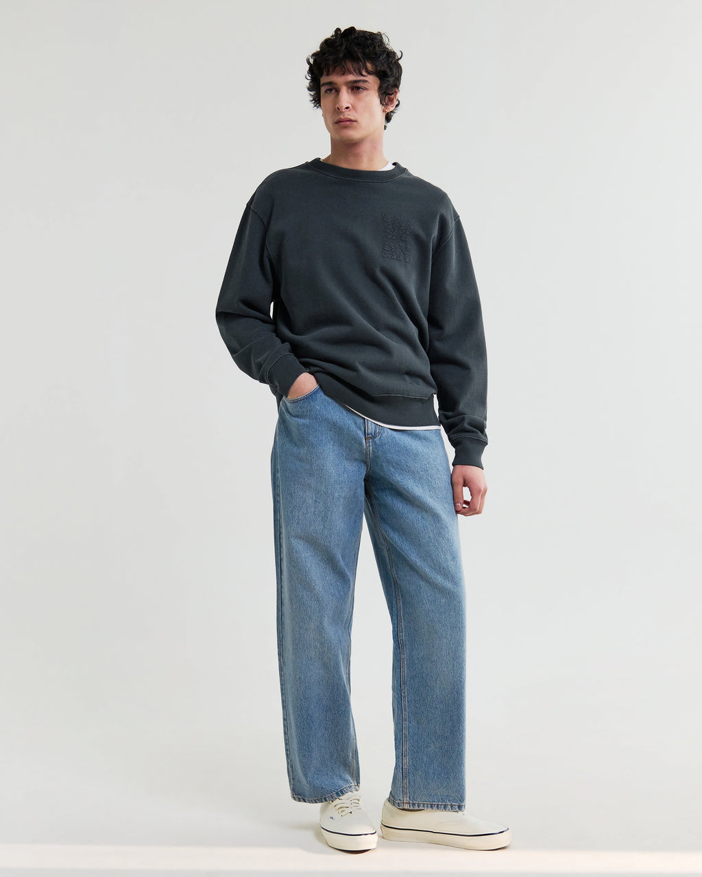 Sidney - Washed Black Embroidered Loopback Cotton Sweatshirt