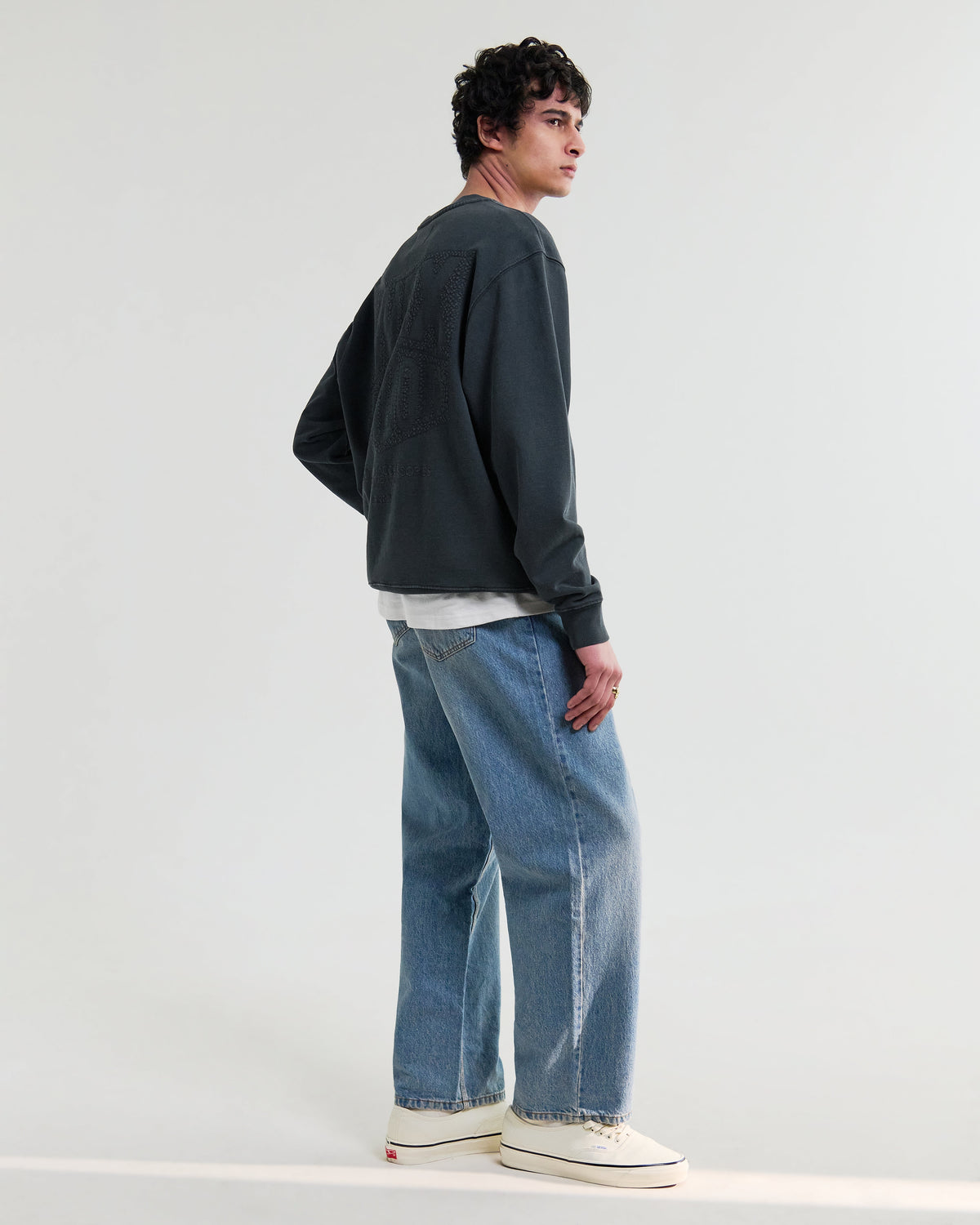 Sidney - Washed Black Embroidered Loopback Cotton Sweatshirt