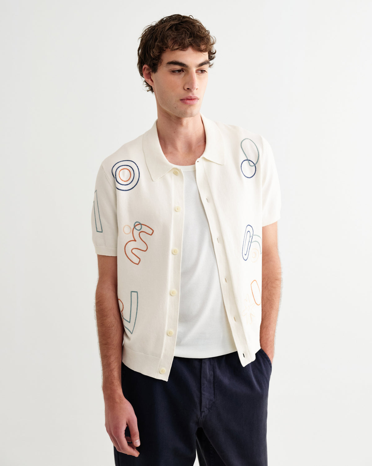 Tellaro - Ecru And Multicolour Shapes Embroidered Shirt