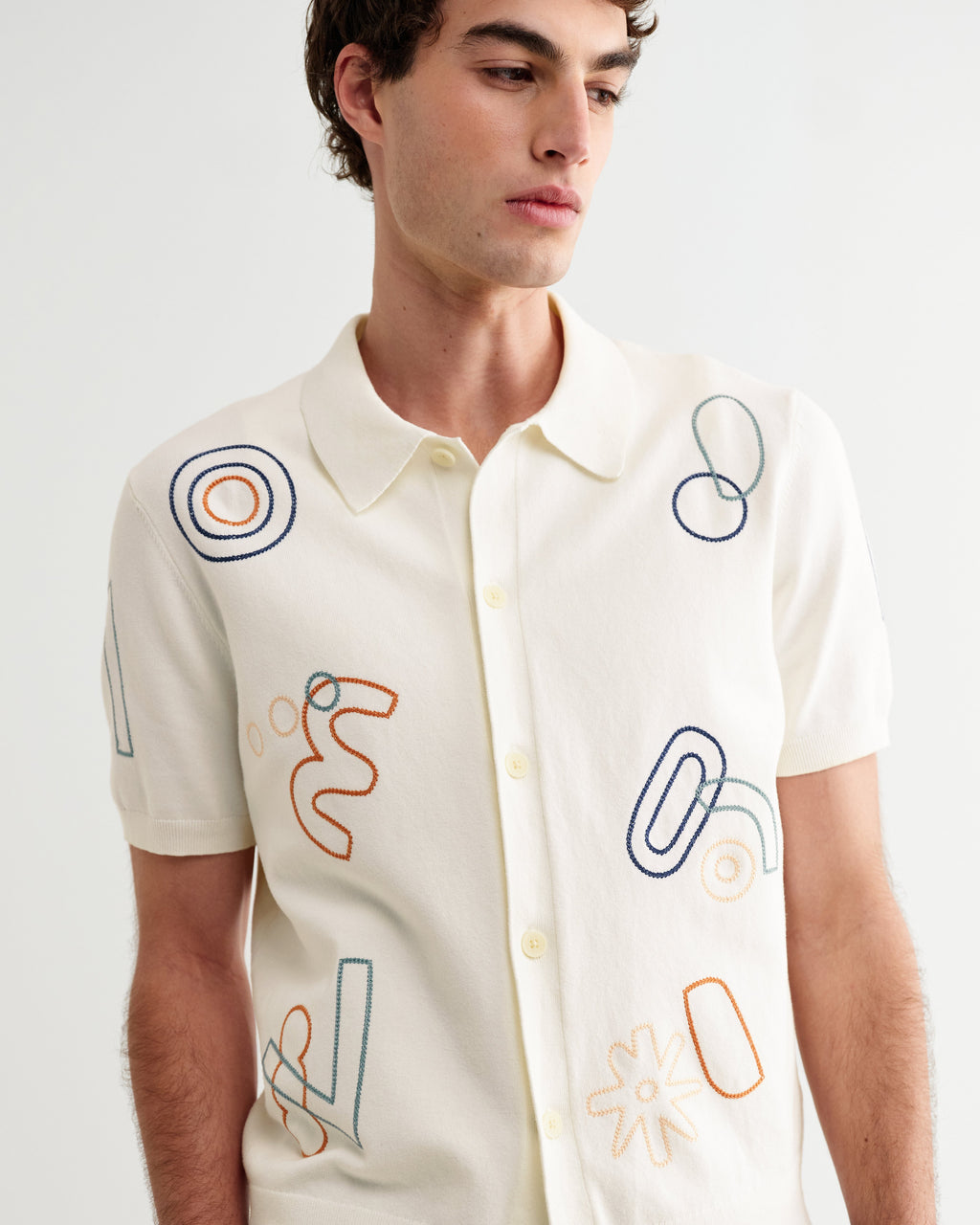 Tellaro - Ecru And Multicolour Shapes Embroidered Shirt