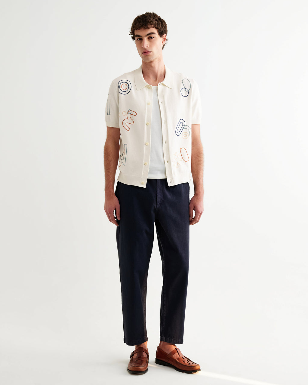 Tellaro - Ecru And Multicolour Shapes Embroidered Shirt