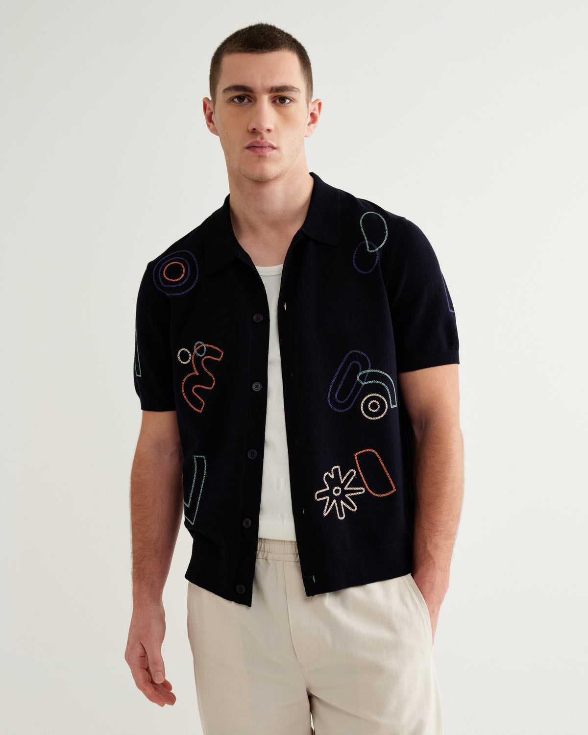 Tellaro - Navy And Multicolour Shapes Embroidered Shirt