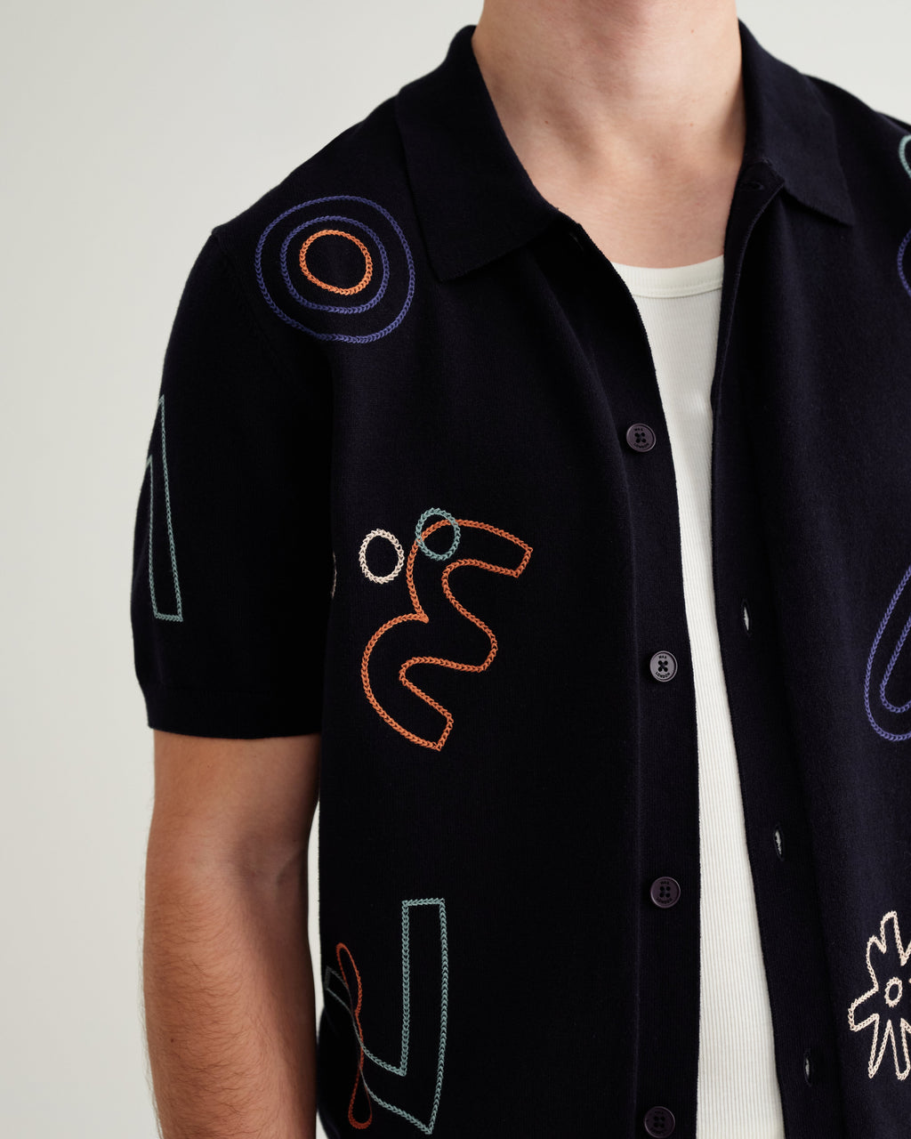 Tellaro - Navy And Multicolour Shapes Embroidered Shirt