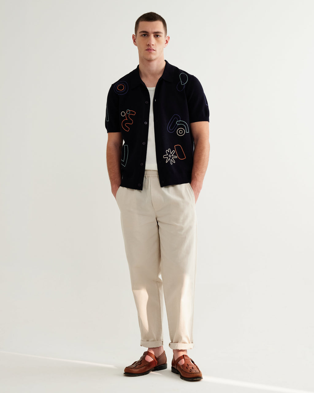 Tellaro - Navy And Multicolour Shapes Embroidered Shirt