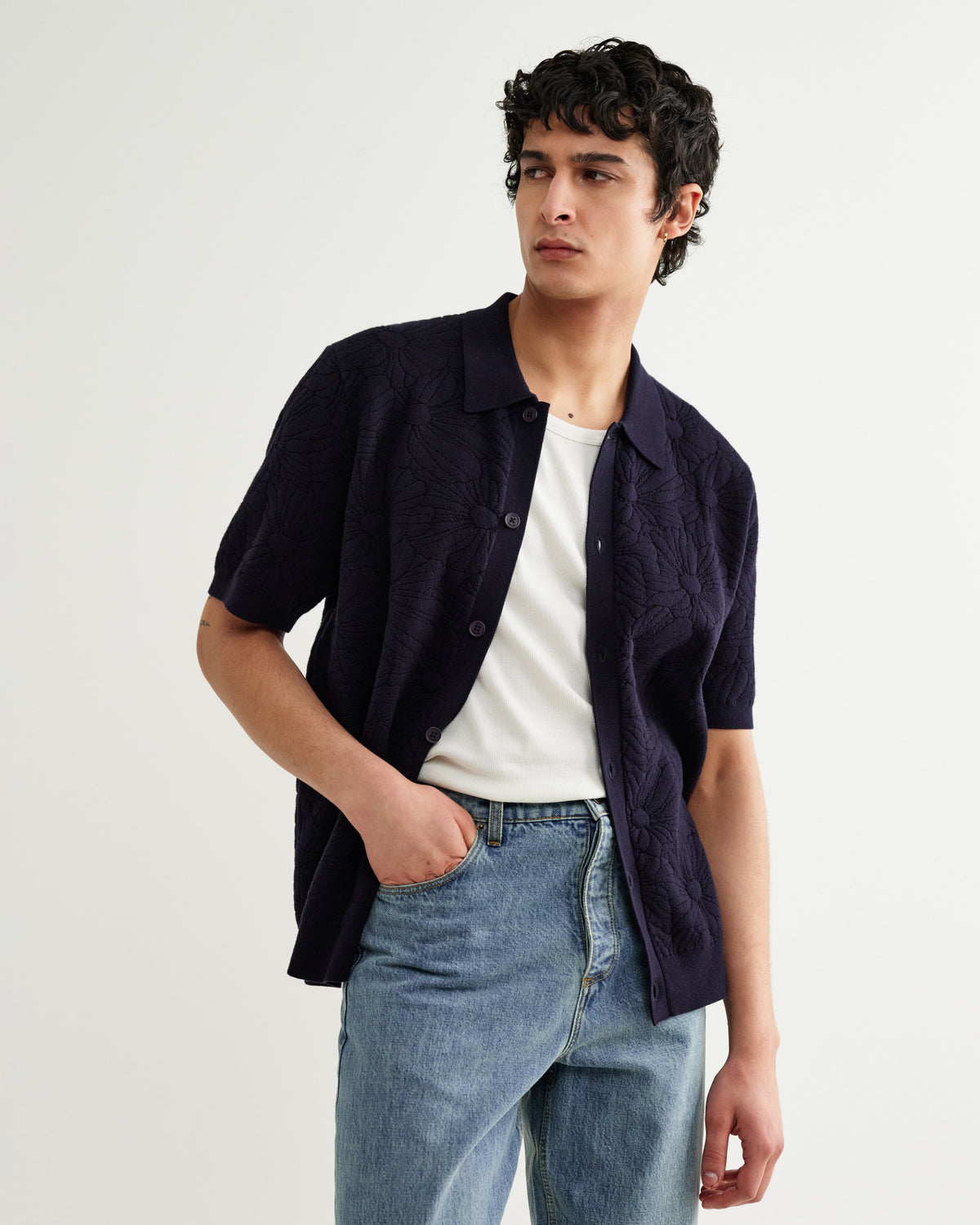 Tellaro - Navy Flower Jacquard Shirt