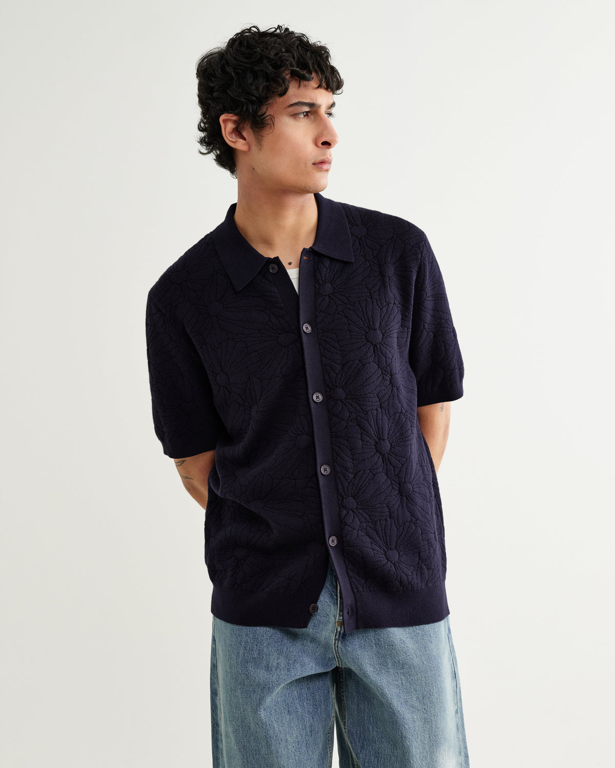 Tellaro - Navy Flower Jacquard Shirt