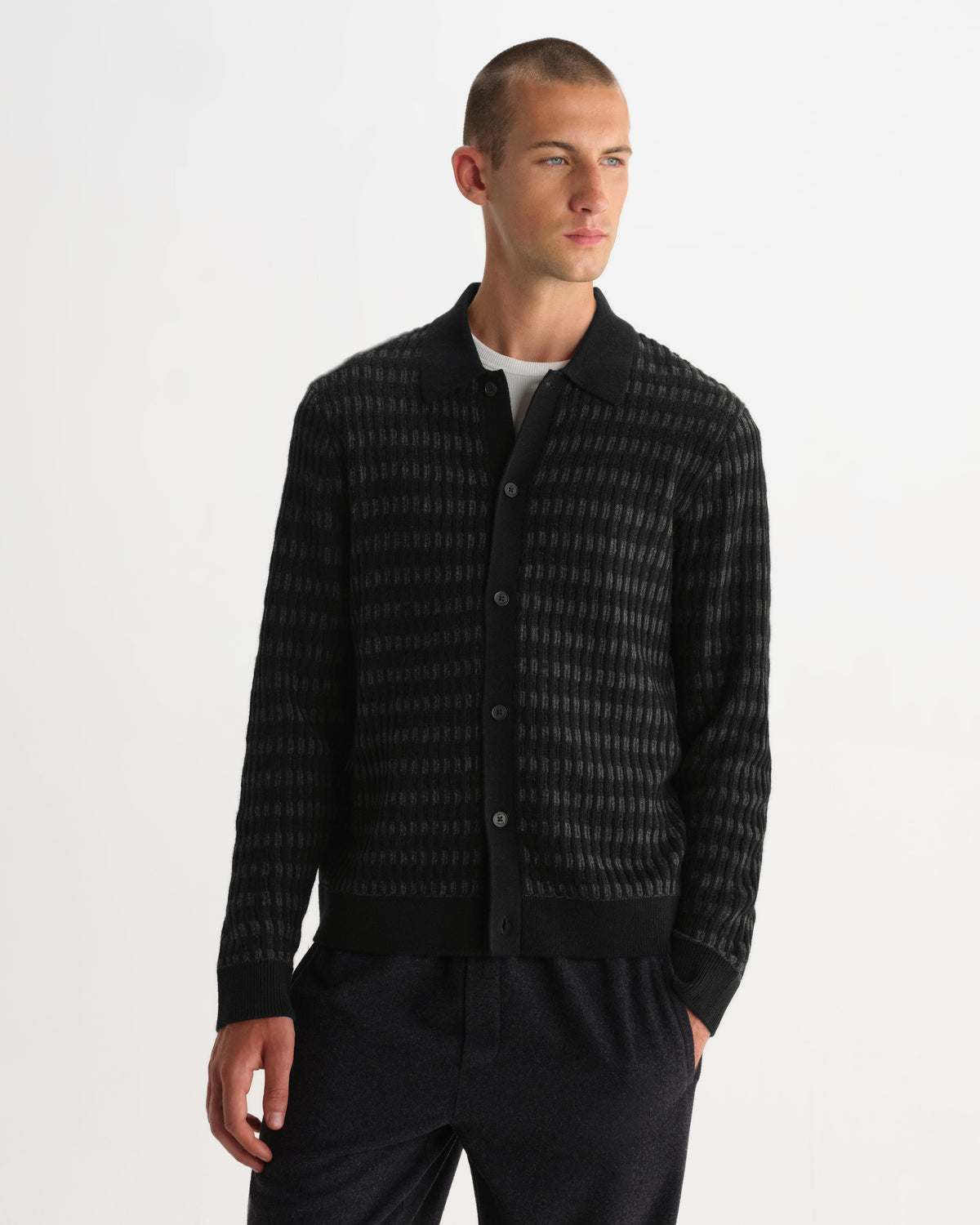 Tristan - Black And Charcoal Rib Check Long-Sleeve Knitted Polo