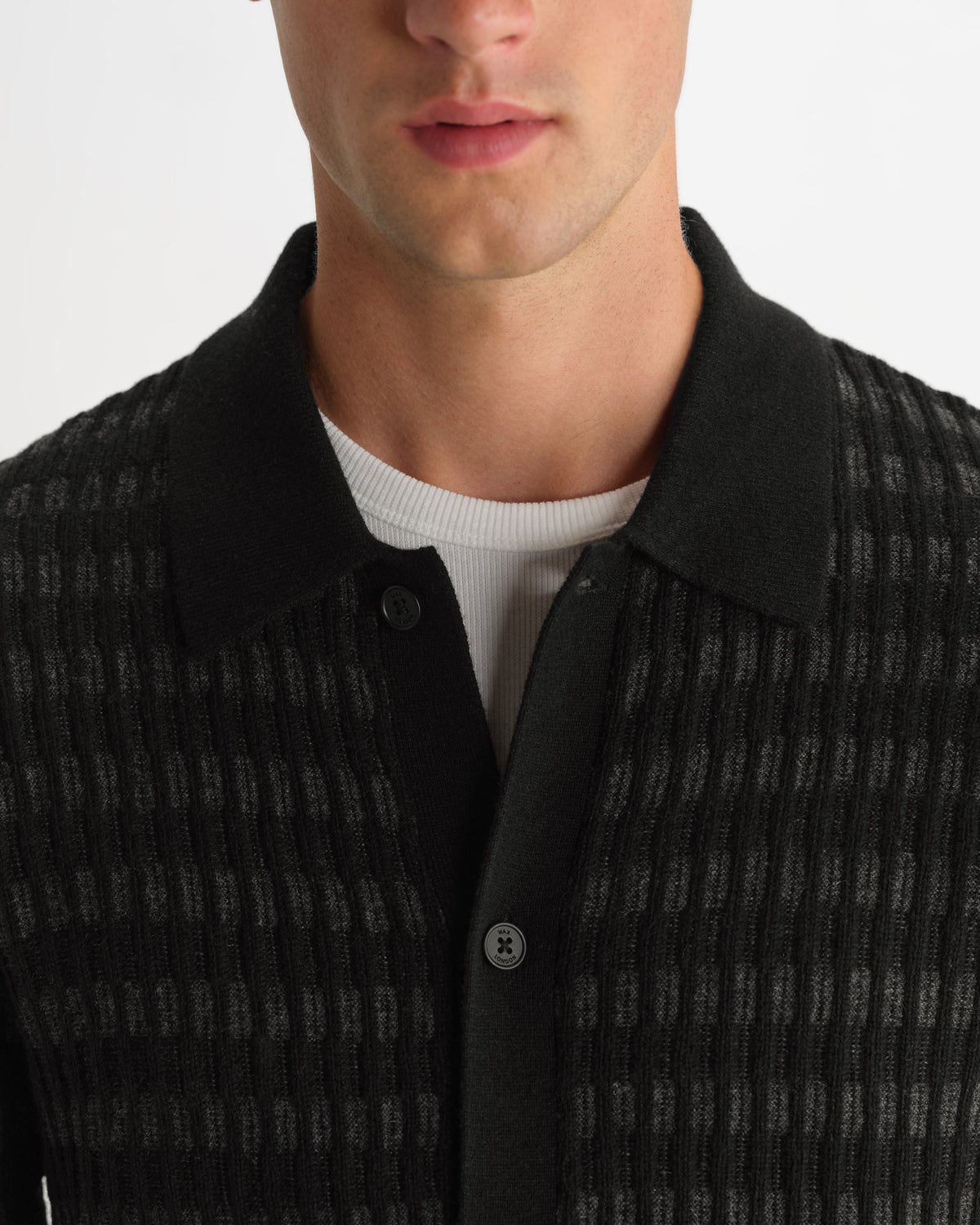 Tristan - Black And Charcoal Rib Check Long-Sleeve Knitted Polo