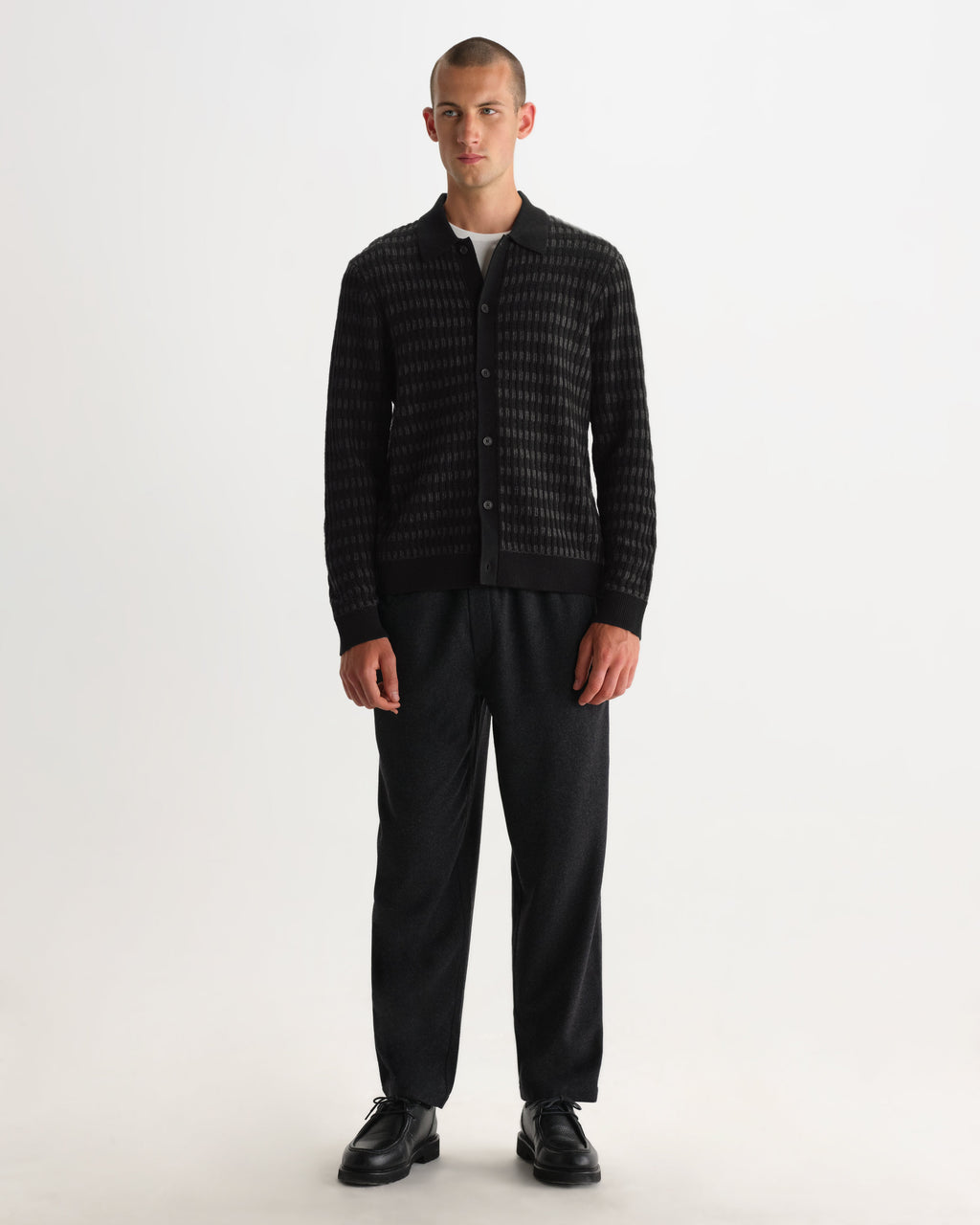 Tristan - Black And Charcoal Rib Check Long-Sleeve Knitted Polo