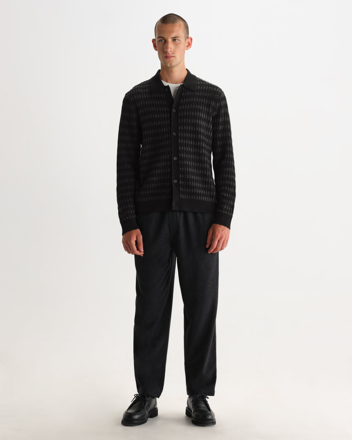 Tristan - Black And Charcoal Rib Check Long-Sleeve Knitted Polo