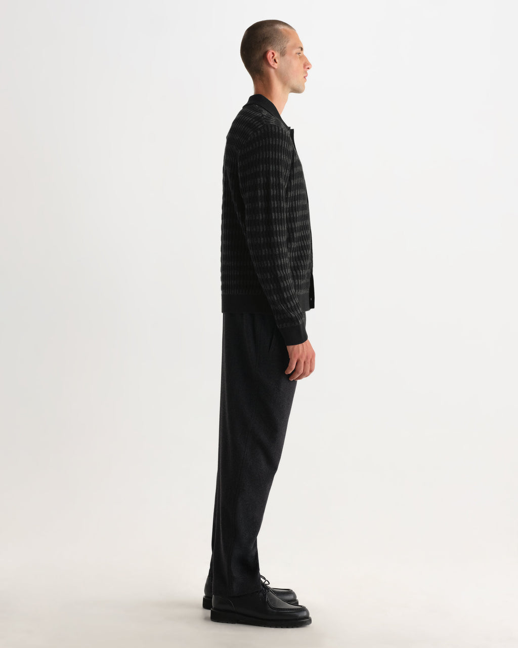 Tristan - Black And Charcoal Rib Check Long-Sleeve Knitted Polo