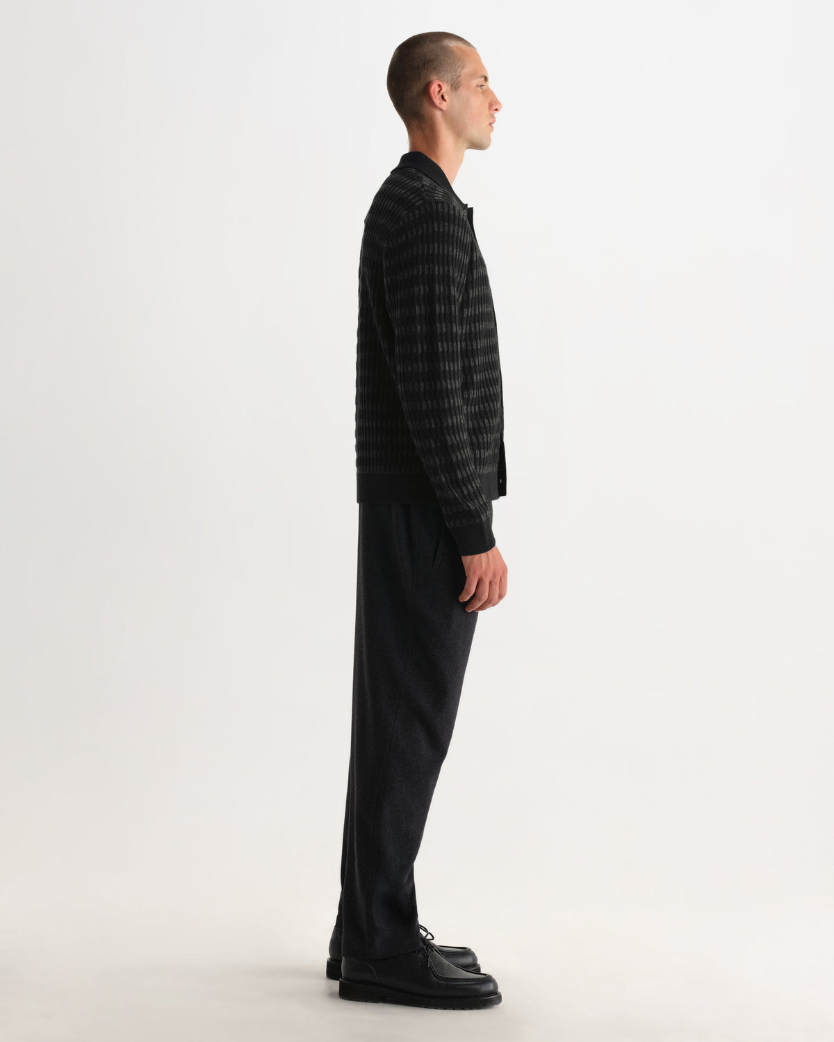 Tristan - Black And Charcoal Rib Check Long-Sleeve Knitted Polo