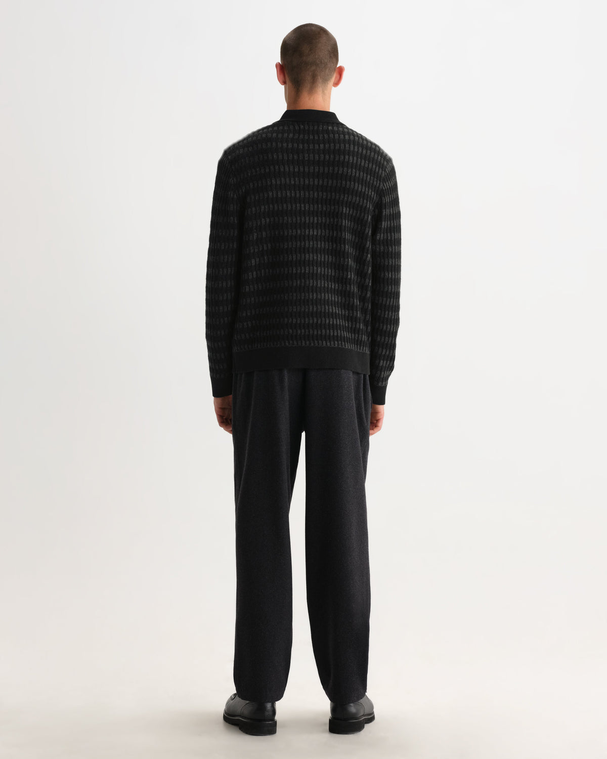 Tristan - Black And Charcoal Rib Check Long-Sleeve Knitted Polo
