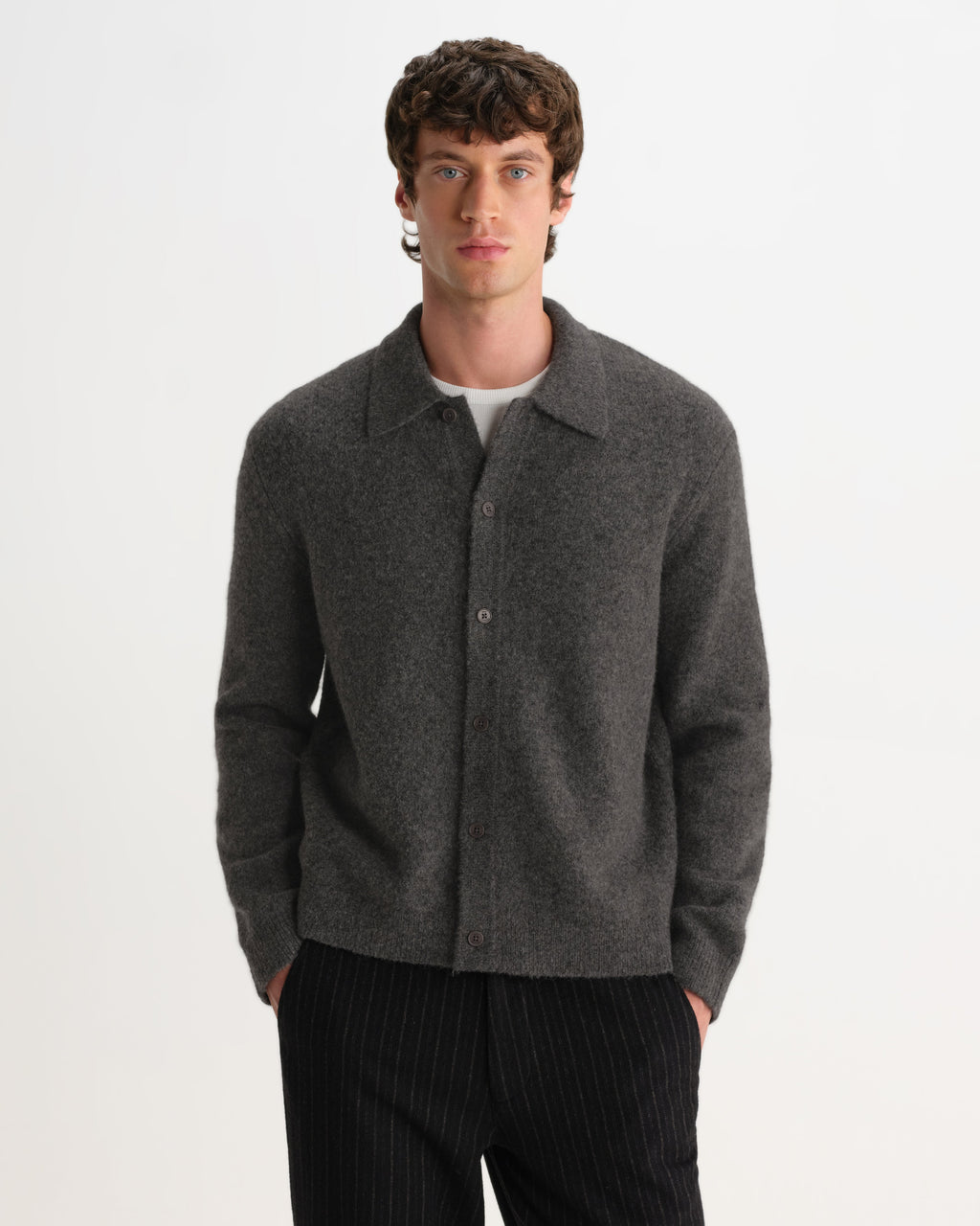 Tristan - Charcoal Fluffy Long-Sleeve Knitted Polo